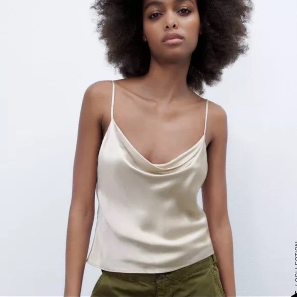 Zara Deep Gold Tan Cowl Neckline Button Back Satin Cami Top